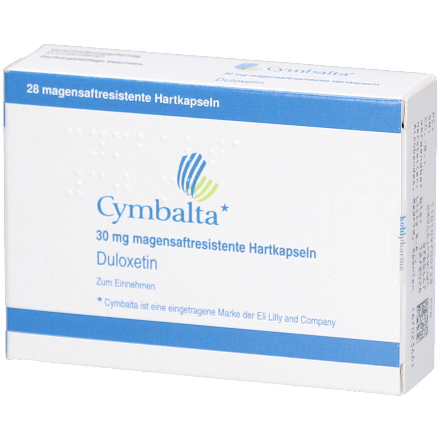 Schachtel mit Cymbalta 30 mg Hartkapseln. Blaue und weiße Verpackung mit Logo und Produktinformationen. 28 magensaftresistente Hartkapseln.