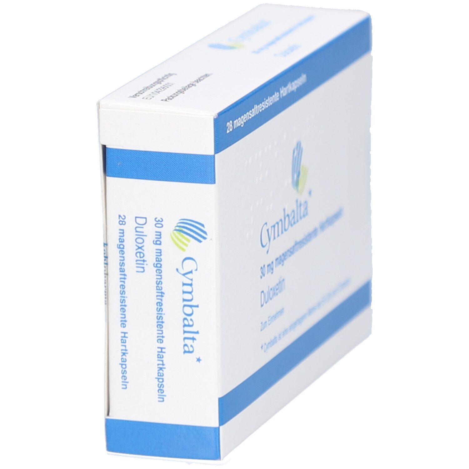 Schachtel Cymbalta 30 mg, blaue und weiße Verpackung. Seitenansicht mit Produktinformationen und Logo. 28 Hartkapseln.