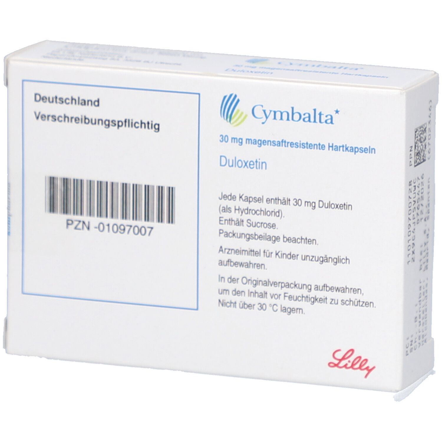 Rückseite der Cymbalta 30 mg Schachtel. Enthält Produktinformationen, Barcode und Herstellerlogo. Verschreibungspflichtig.