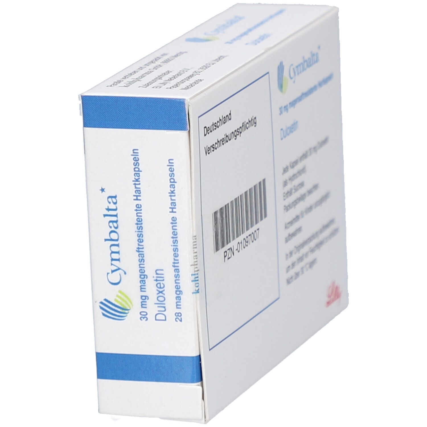 Seitenansicht der Cymbalta 30 mg Schachtel. Enthält Produktinformationen und Barcode. Blaue und weiße Verpackung.