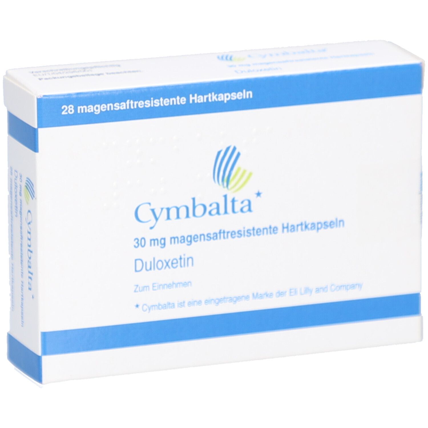 Cymbalta 30 mg Schachtel, blaue und weiße Verpackung. Enthält Logo, Produktname und Dosierung. 28 Hartkapseln.
