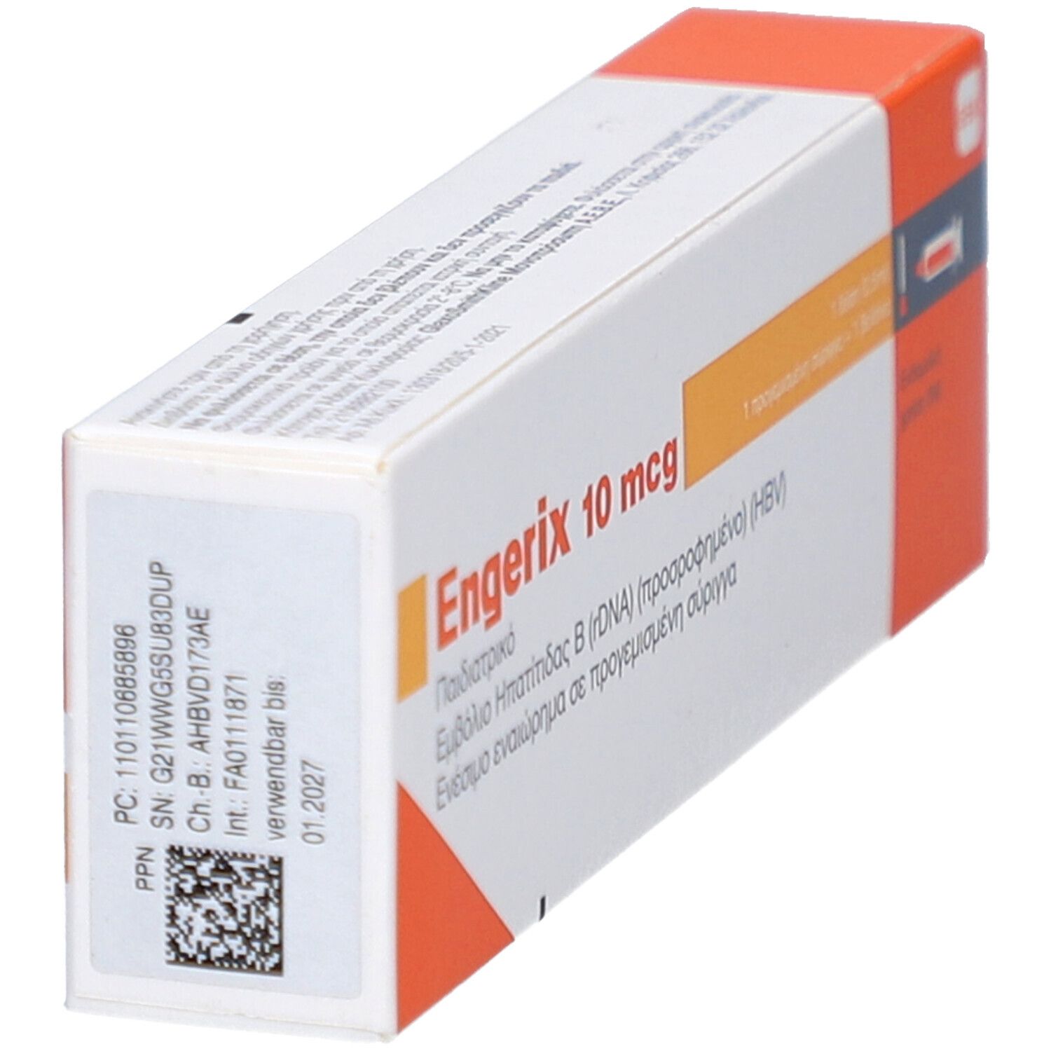 Schachtel ENGERIX 10 mcg. Weiße Verpackung mit orangefarbenen Akzenten. Barcode und Text.