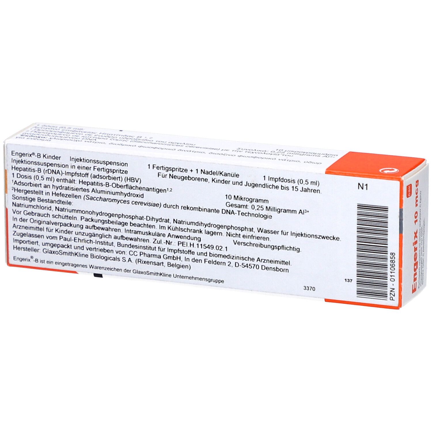 Rückseite der ENGERIX-B Kinder Injektionssuspension. Text in Deutsch. Enthält Informationen zur Anwendung.