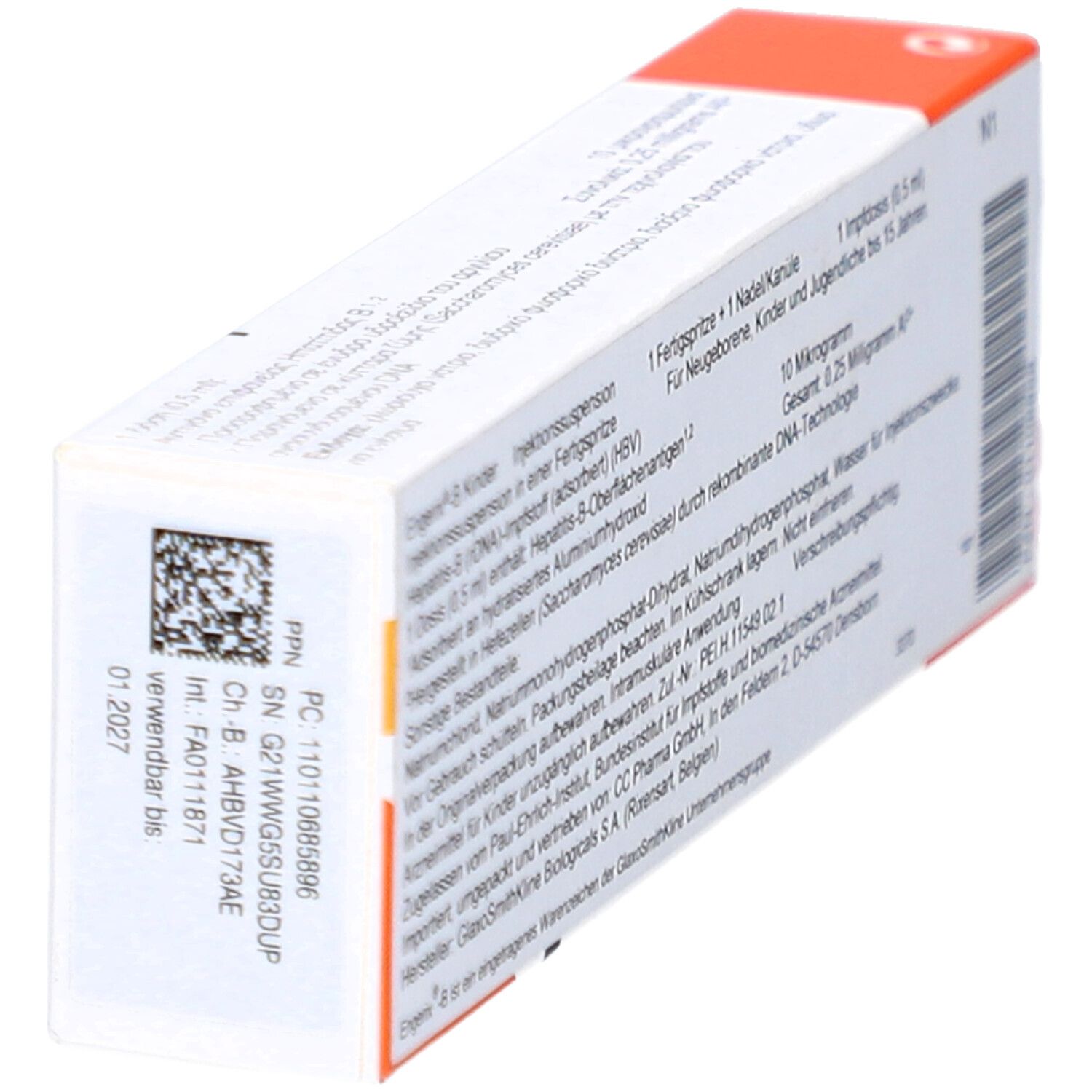 Rückseite der ENGERIX-B Kinder Injektionssuspension. Text in Deutsch. Barcode und Verfallsdatum.