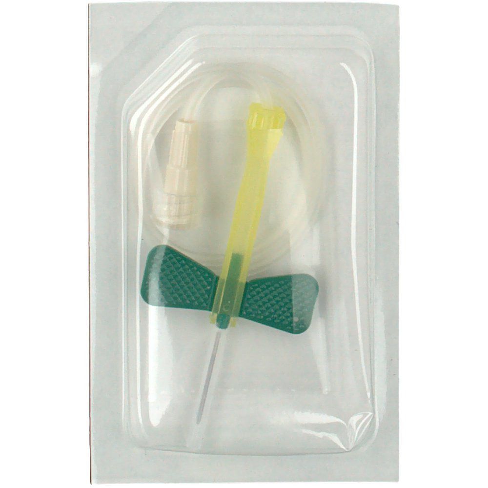Medizinprodukt in Blisterverpackung. Grün-gelbe Kanüle mit Flügeln und Schlauch. Konnektor sichtbar.