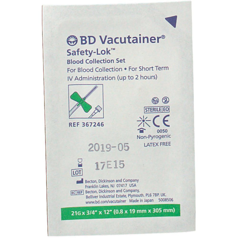 Verpackung von BD Vacutainer Safety-Lok. Text: Blood Collection Set. Steril, Latex-frei. Referenznummer und Chargennummer.