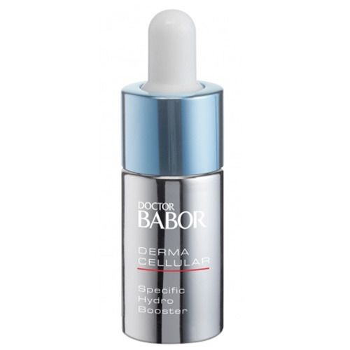 Silberne Flasche mit blauem Deckel und weißer Pipette. Aufschrift: DOCTOR BABOR, DERMA CELLULAR, Specific Hydro Booster.