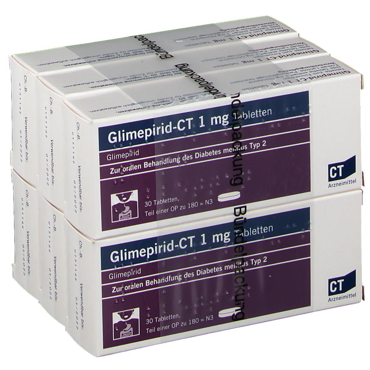 Zwei Schachteln GLIMEPIRID-CT 1 mg Tabletten. Aufdruck: 30 Tabletten. Verpackt in einer Bündelpackung.