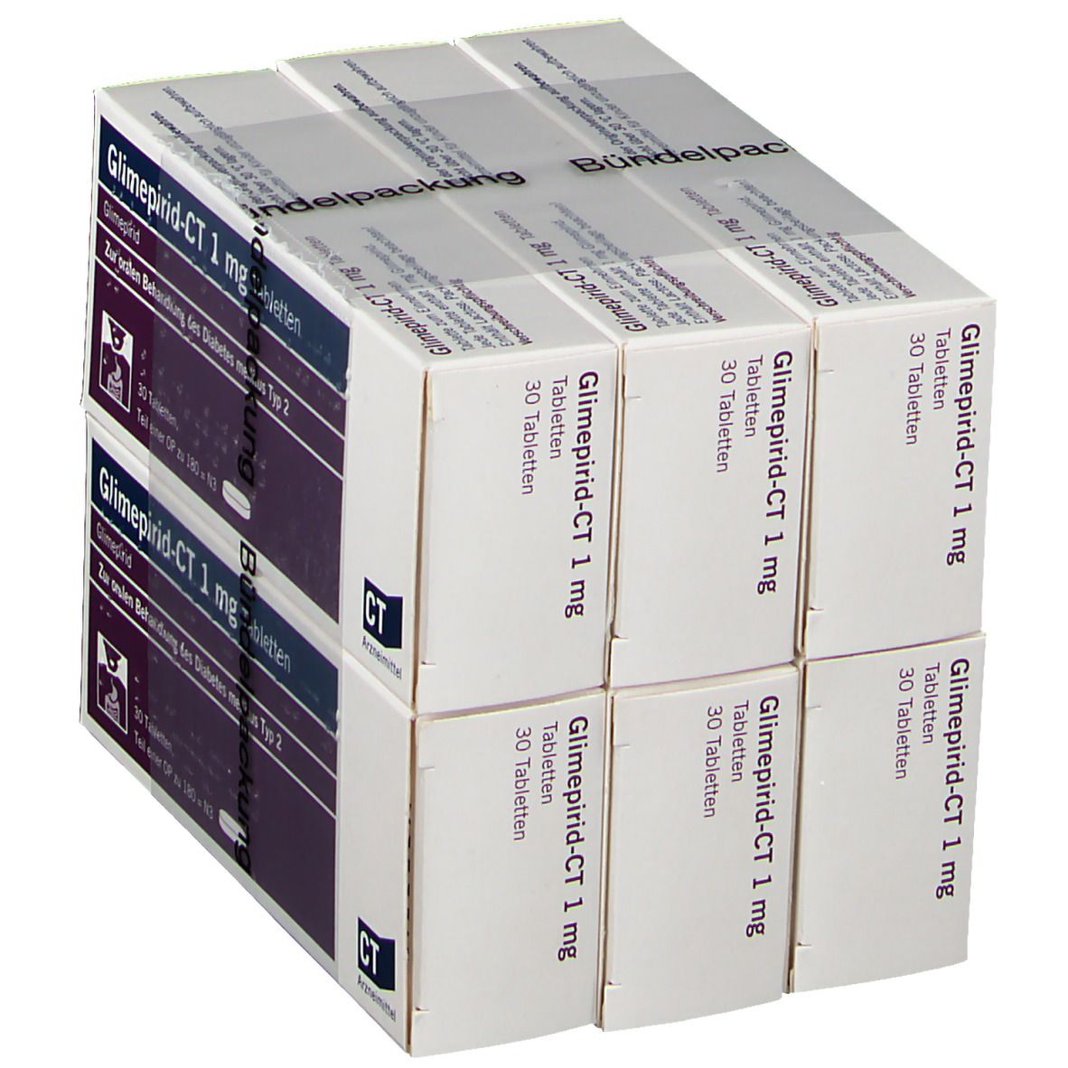 Sechs Schachteln GLIMEPIRID-CT 1 mg Tabletten. Aufdruck: 30 Tabletten. Verpackt in einer Bündelpackung.