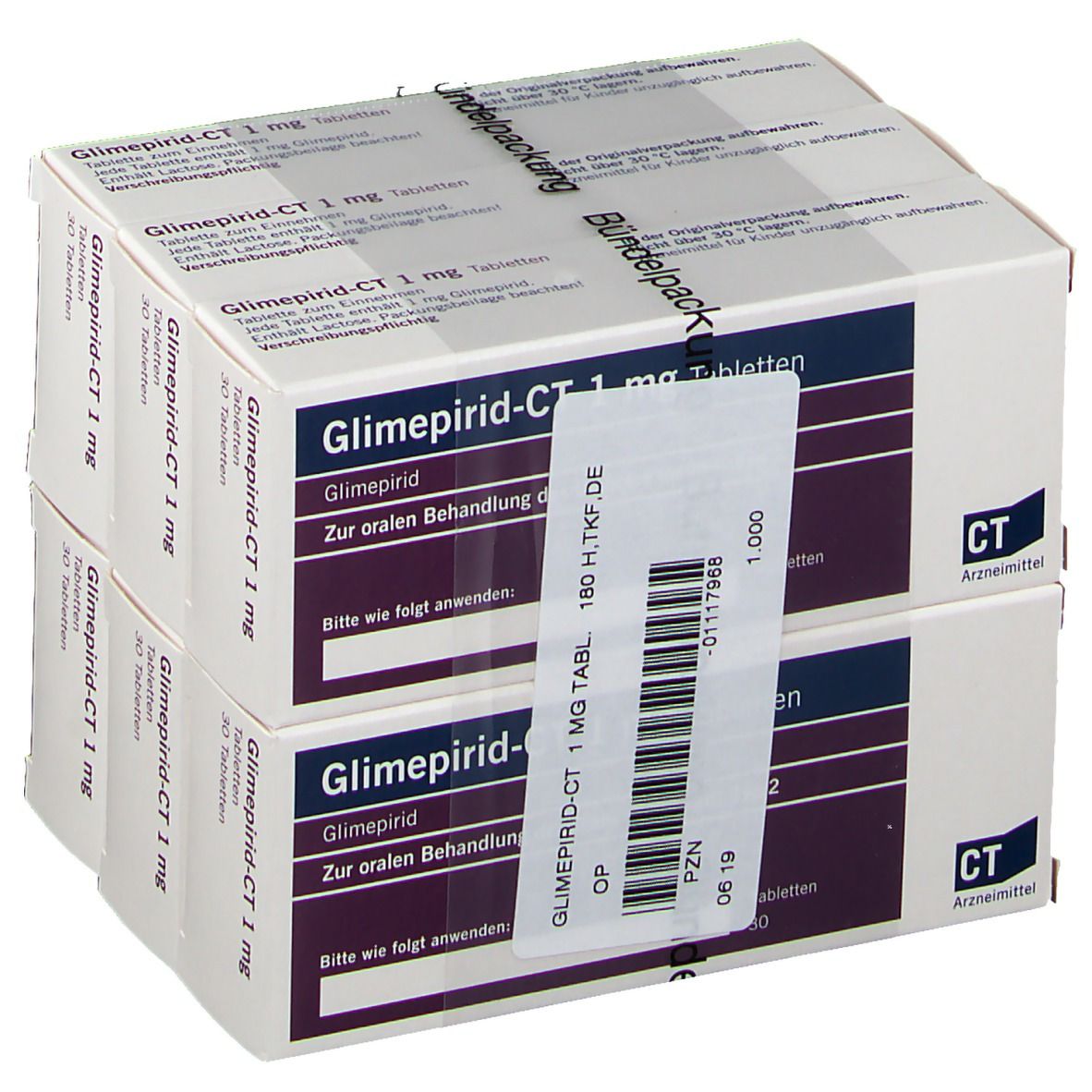 Zwei Schachteln GLIMEPIRID-CT 1 mg Tabletten. Aufdruck: 30 Tabletten. Mit Etikett und Bündelpackung.