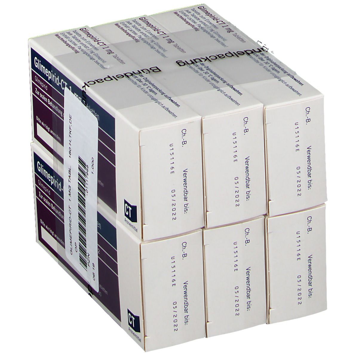 Sechs Schachteln GLIMEPIRID-CT 1 mg Tabletten. Aufdruck: 30 Tabletten. Mit Etikett und Bündelpackung.
