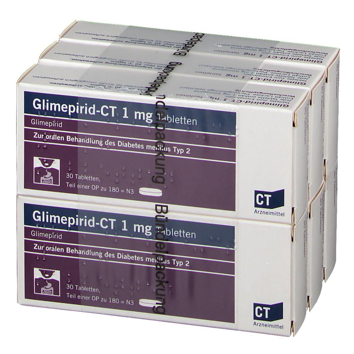 Sechs Schachteln GLIMEPIRID-CT 1 mg Tabletten. Aufdruck: 30 Tabletten. Verpackt in einer Bündelpackung.