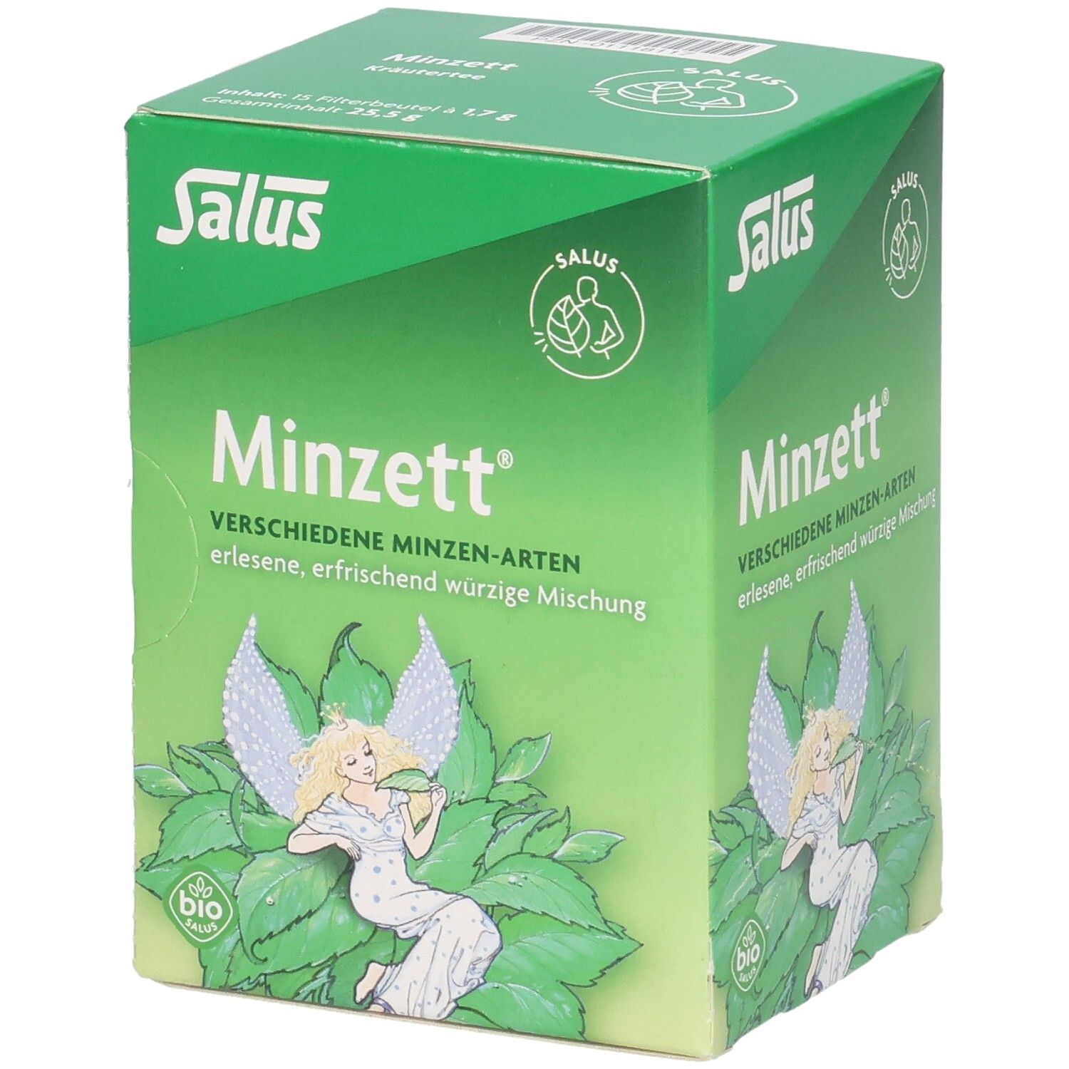 Grüne Schachtel mit Salus Minzett Kräutertees. Aufdruck: Minzett, verschiedene Minzen-Arten, Bio-Siegel, Engel-Illustration.