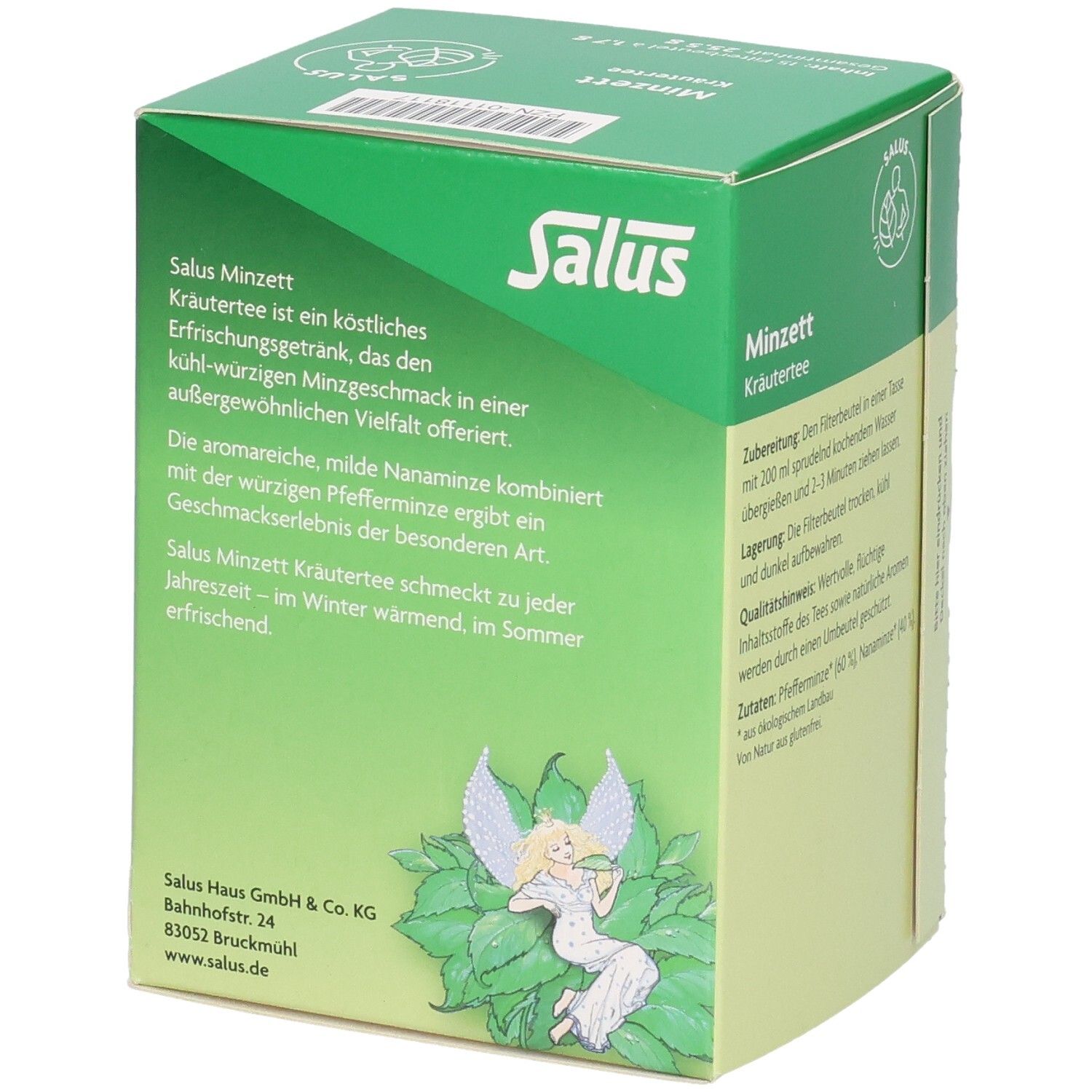 Grüne Schachtel Salus Minzett Kräutertees. Text: Kräutertee, Beschreibung, Adresse. Aufdruck: Minzett, Engel-Illustration.
