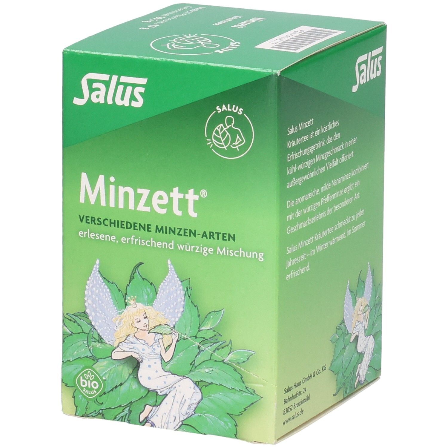 Grüne Schachtel Salus Minzett Kräutertees. Aufdruck: Minzett, verschiedene Minzen-Arten, Bio-Siegel, Engel-Illustration.