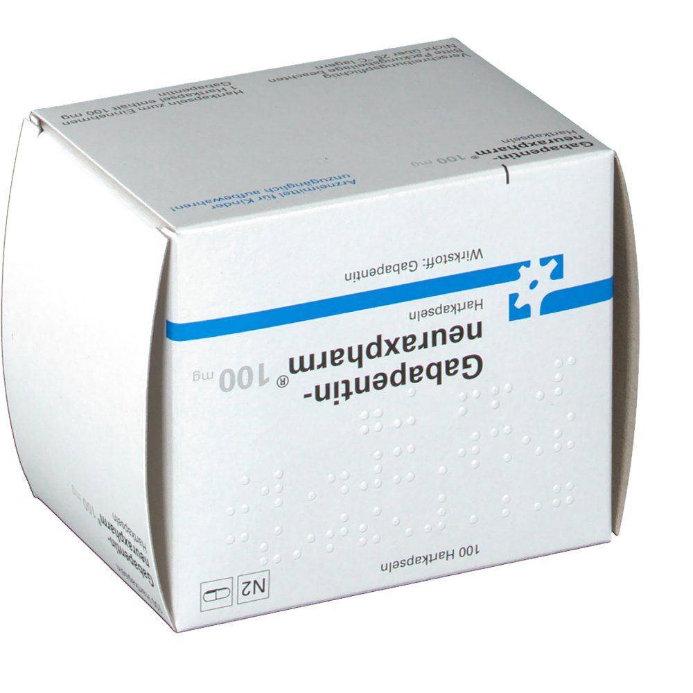 Weiße Faltschachtel mit Aufschrift Gabapentin-neuraxpharm 100 mg. Enthält 100 Hartkapseln. N2-Kennzeichnung.