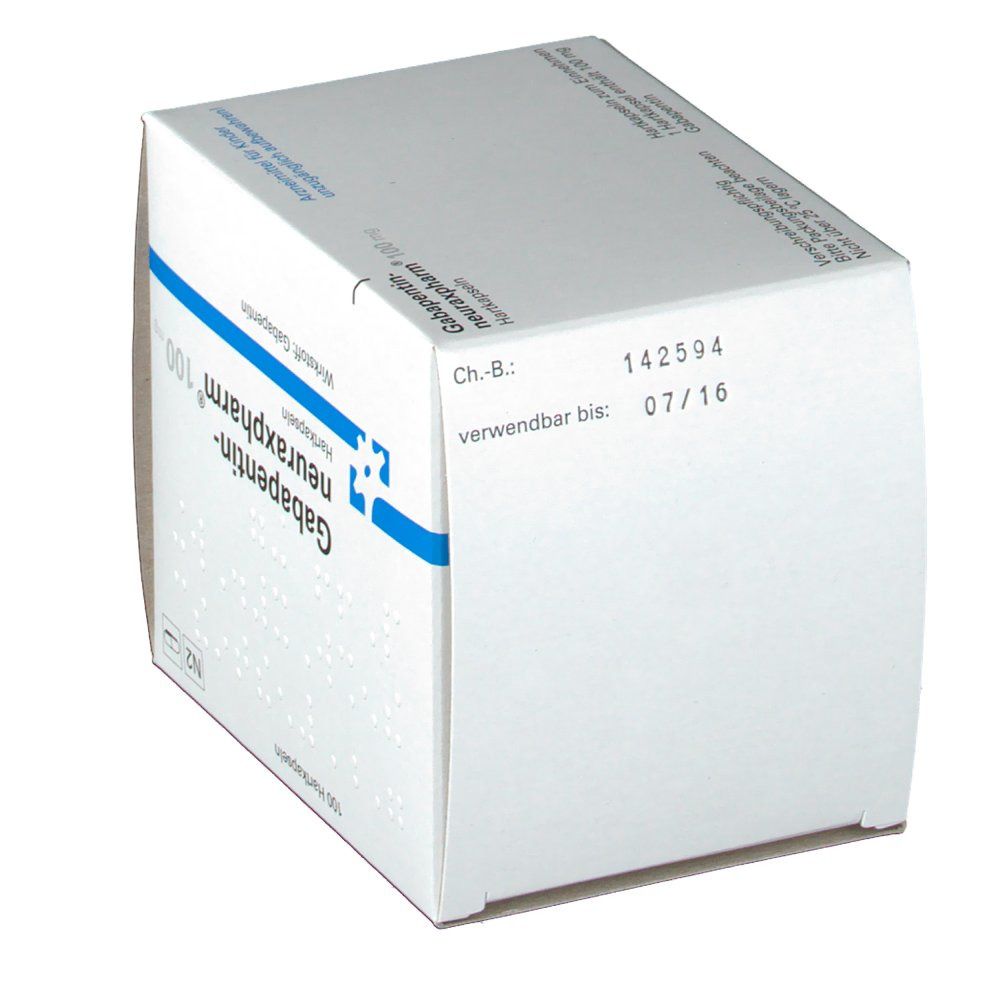 Weiße Faltschachtel mit Aufschrift Gabapentin-neuraxpharm 100 mg. Verfallsdatum 07/16. Chargennummer 142594.