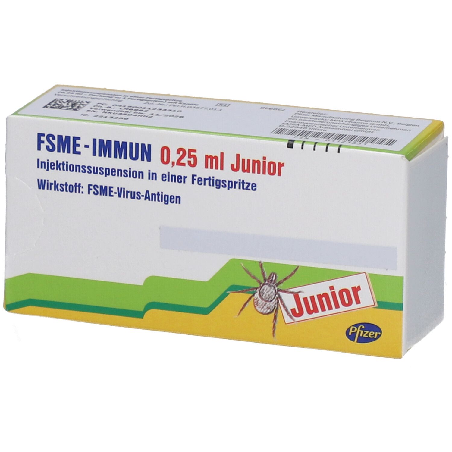 Karton FSME-IMMUN 0,25 ml Junior. Aufschrift: Injektionssuspension in Fertigspritze. Wirkstoff: FSME-Virus-Antigen. Junior-Logo mit Zecke.