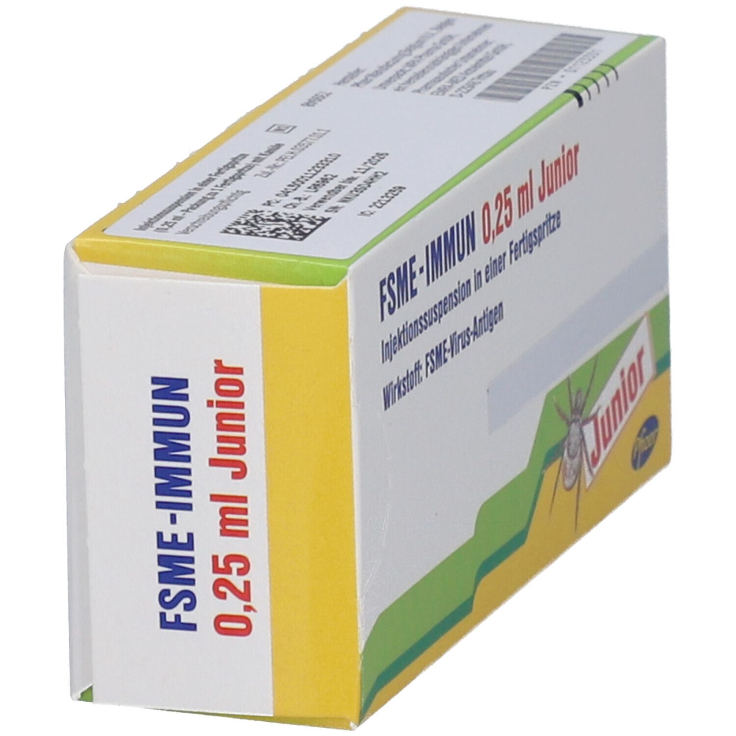 Karton FSME-IMMUN 0,25 ml Junior. Aufschrift: Injektionssuspension in Fertigspritze. Ansicht schräg von oben. Junior-Logo mit Zecke.
