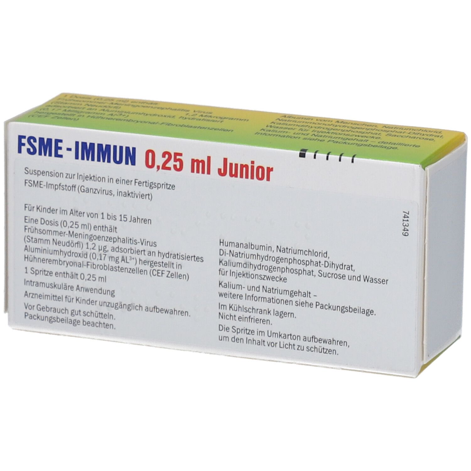 Karton FSME-IMMUN 0,25 ml Junior. Aufschrift: Injektionssuspension in Fertigspritze. Text mit Inhaltsstoffen. Ansicht schräg von oben.
