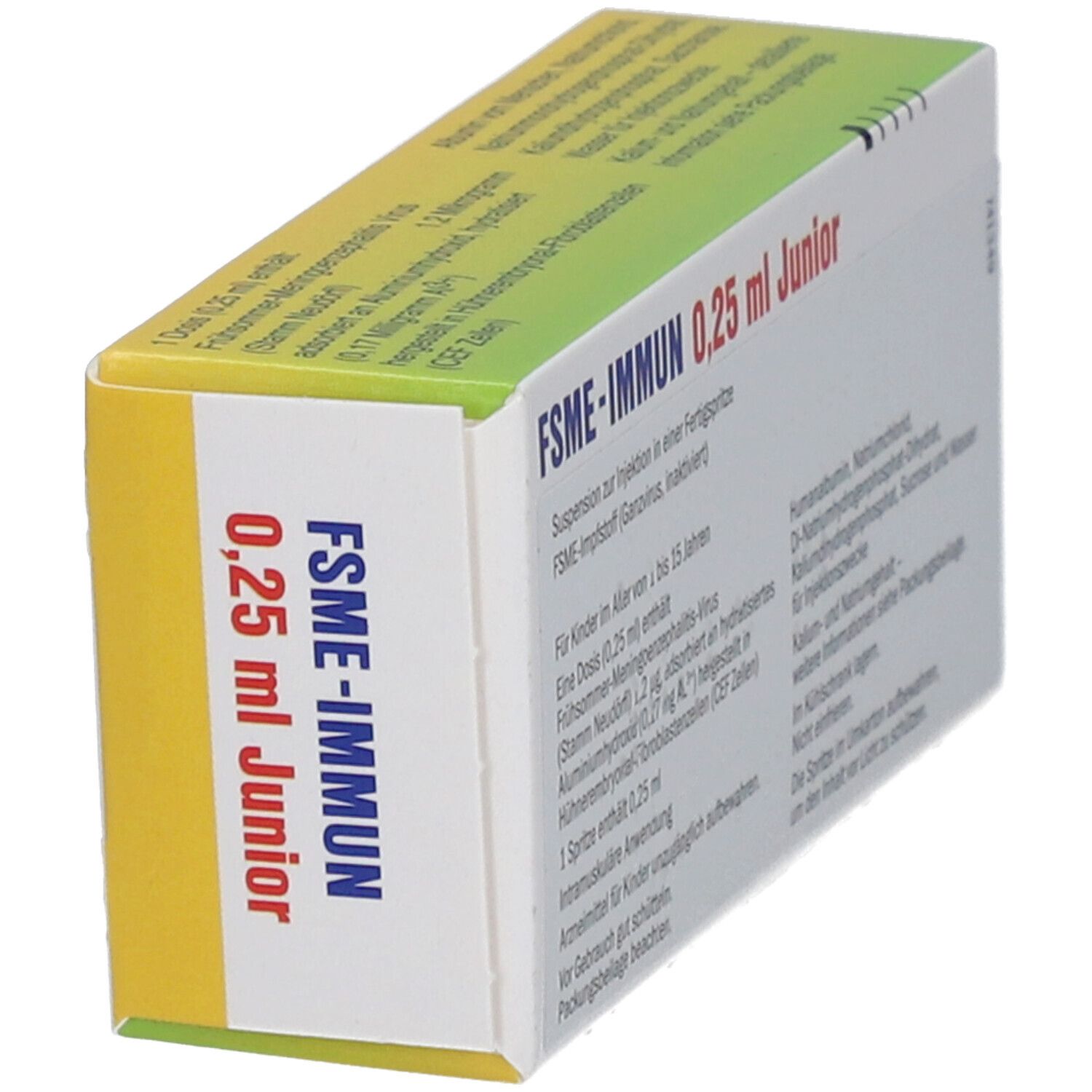Karton FSME-IMMUN 0,25 ml Junior. Aufschrift: Injektionssuspension in Fertigspritze. Ansicht schräg von oben. Text mit Inhaltsstoffen.