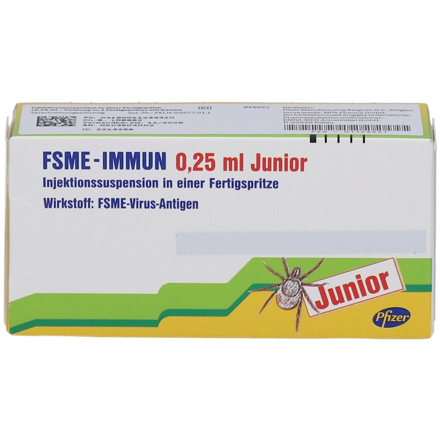Karton FSME-IMMUN 0,25 ml Junior. Aufschrift: Injektionssuspension in Fertigspritze. Wirkstoff: FSME-Virus-Antigen. Junior-Logo mit Zecke.