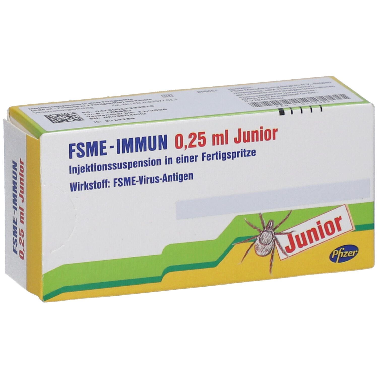 Karton FSME-IMMUN 0,25 ml Junior. Aufschrift: Injektionssuspension in Fertigspritze. Wirkstoff: FSME-Virus-Antigen. Junior-Logo mit Zecke.