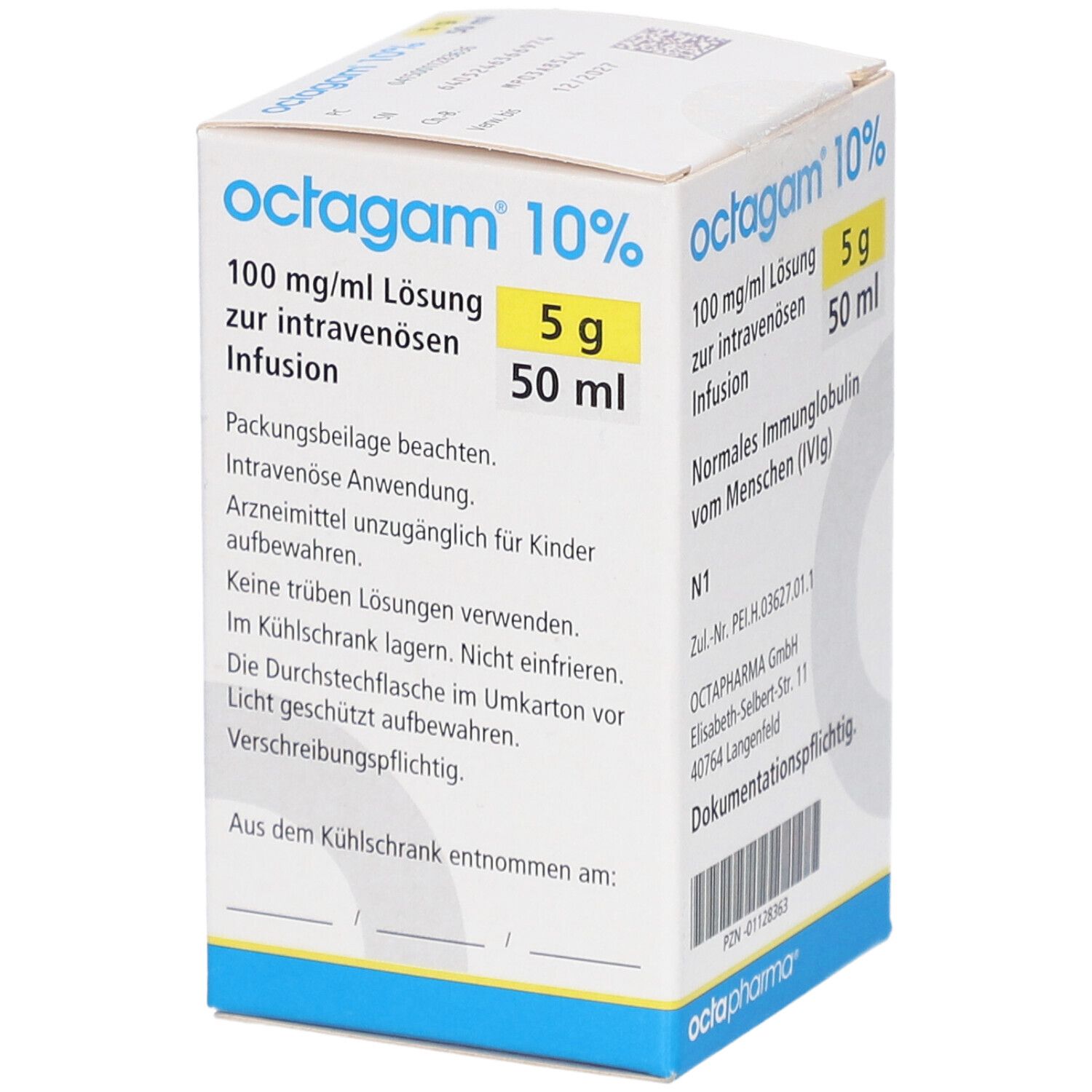Karton von Octagam 10%. Enthält 5 g/50 ml Infusion. Aufschrift: 100 mg/ml Lösung zur intravenösen Infusion.