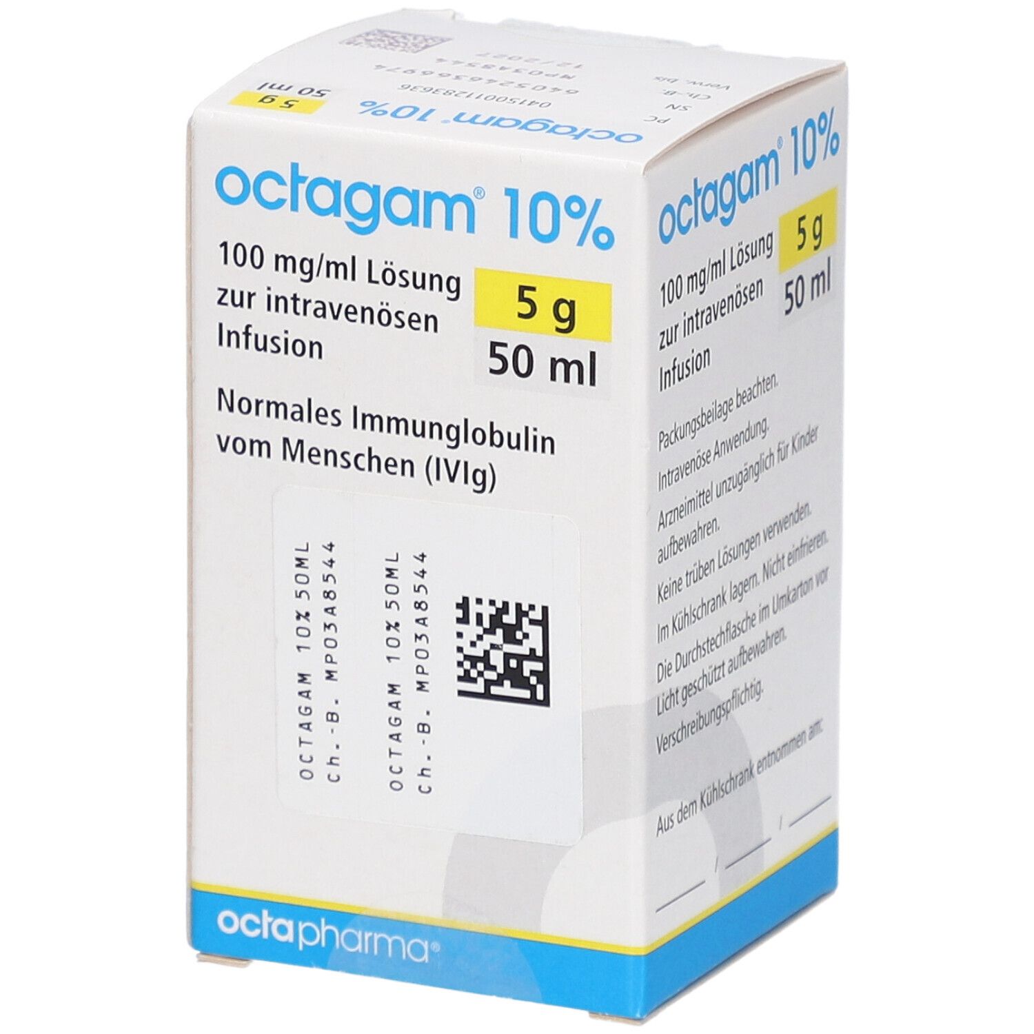 Karton von Octagam 10%. Enthält 5 g/50 ml Infusion. Aufschrift: 100 mg/ml Lösung zur intravenösen Infusion. QR-Code.