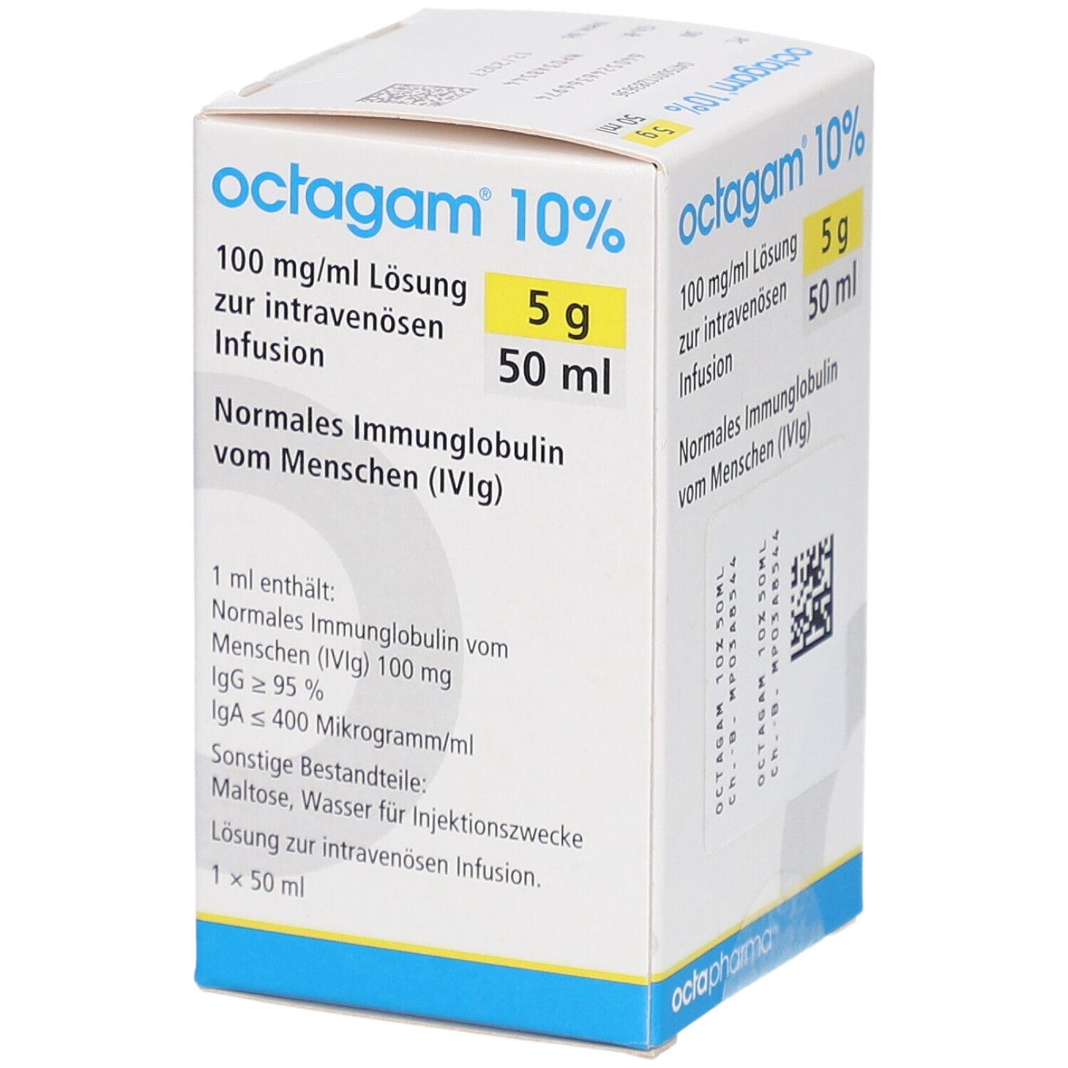 Karton von Octagam 10%. Enthält 5 g/50 ml Infusion. Aufschrift: 100 mg/ml Lösung zur intravenösen Infusion. Inhaltsstoffe.