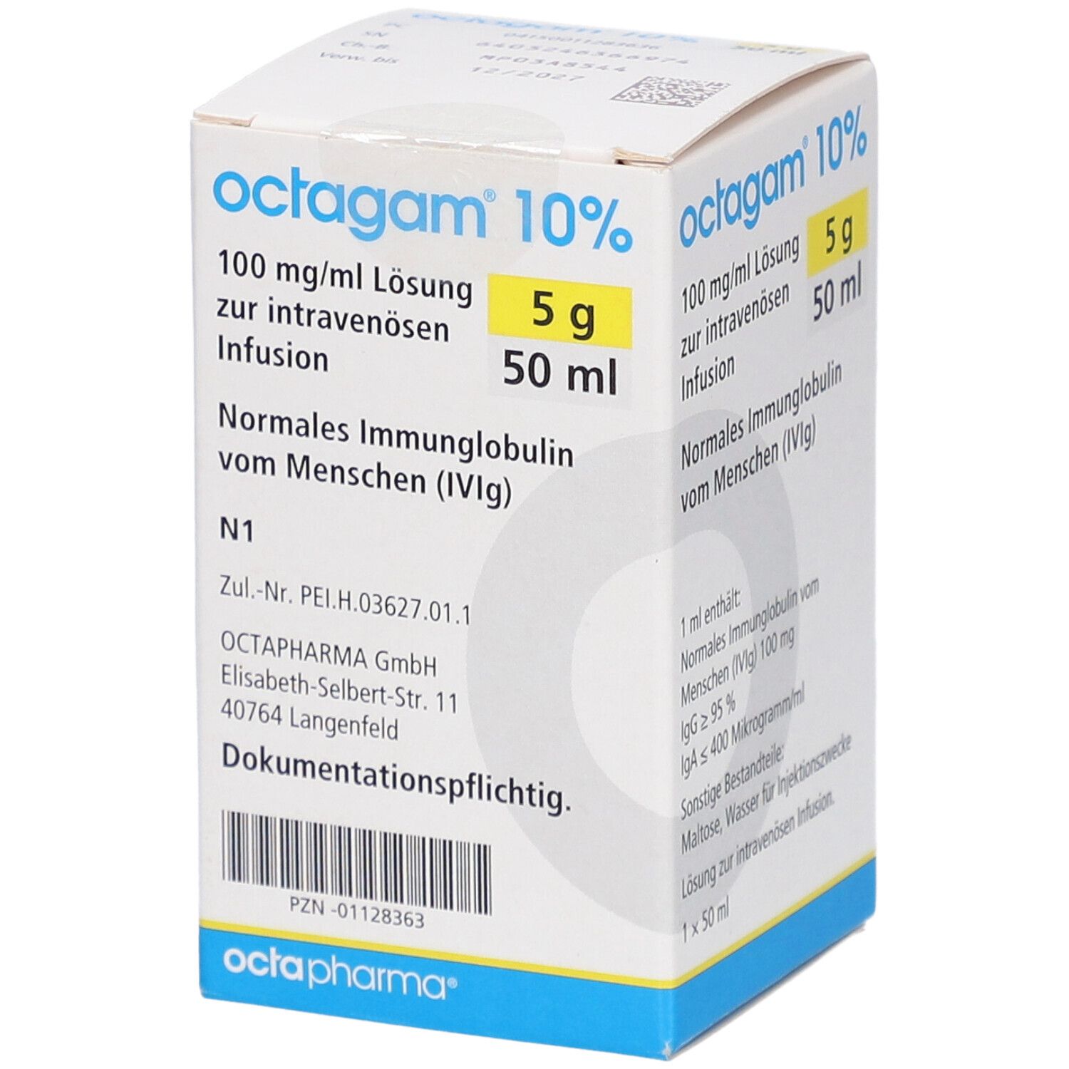 Karton von Octagam 10%. Enthält 5 g/50 ml Infusion. Aufschrift: 100 mg/ml Lösung zur intravenösen Infusion. Herstelleradresse.