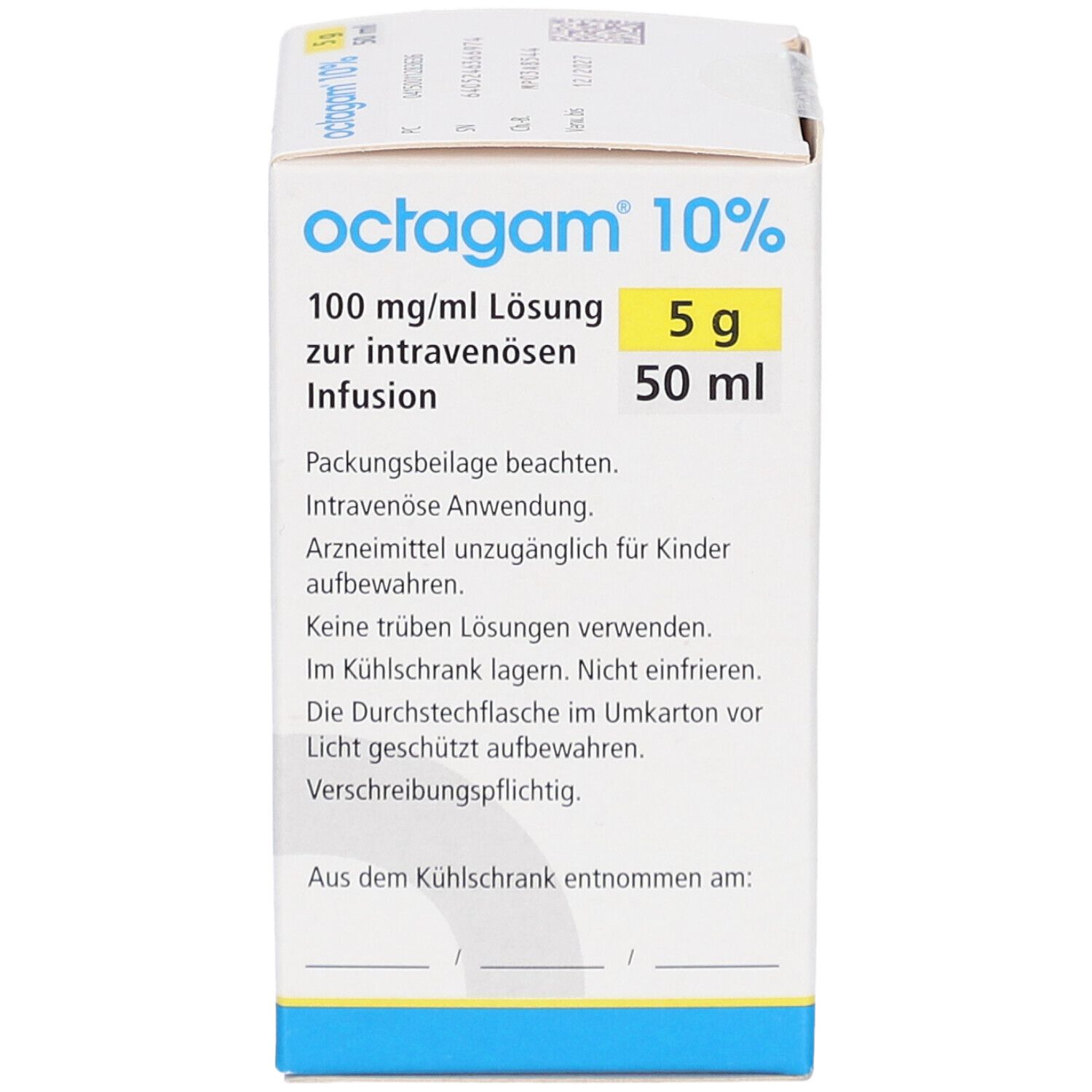 Karton von Octagam 10%. Enthält 5 g/50 ml Infusion. Aufschrift: 100 mg/ml Lösung zur intravenösen Infusion. Gebrauchsanweisung.
