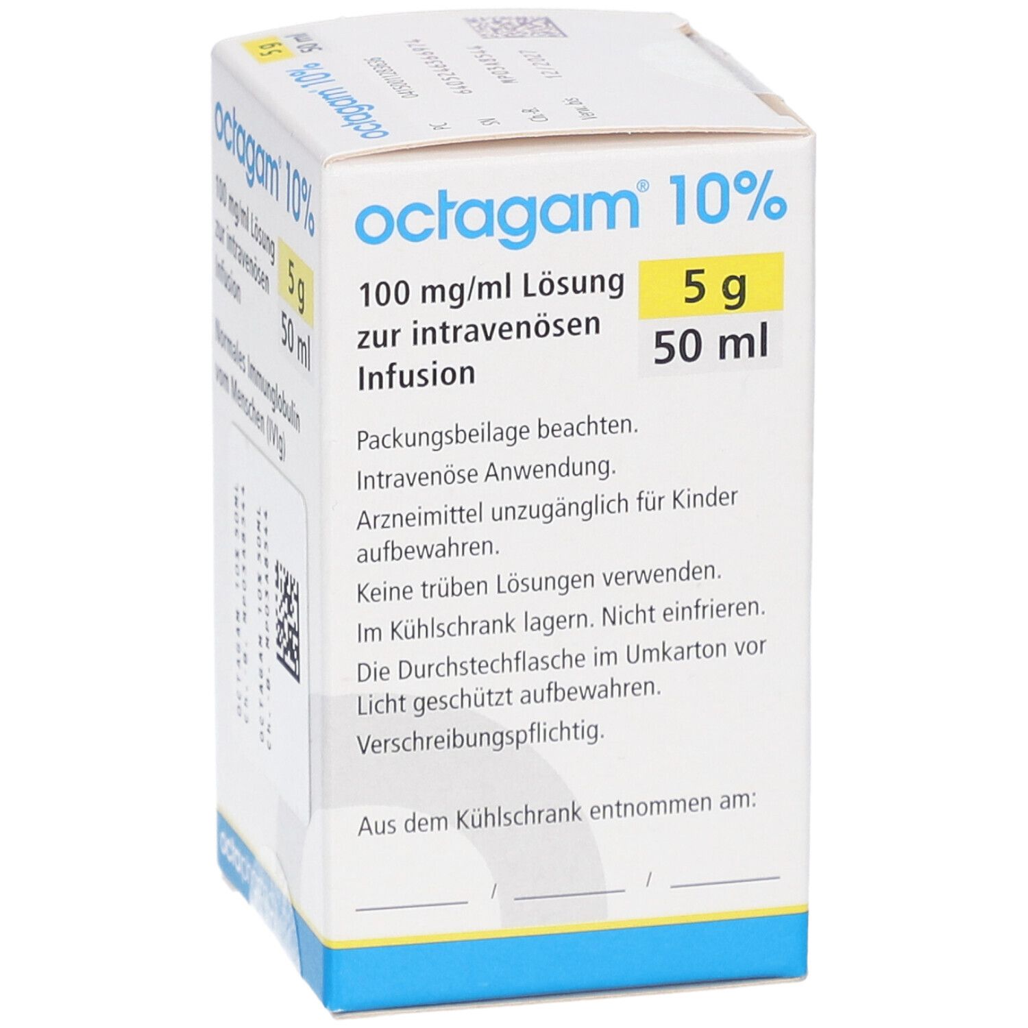 Karton von Octagam 10%. Enthält 5 g/50 ml Infusion. Aufschrift: 100 mg/ml Lösung zur intravenösen Infusion. Gebrauchsanweisung.