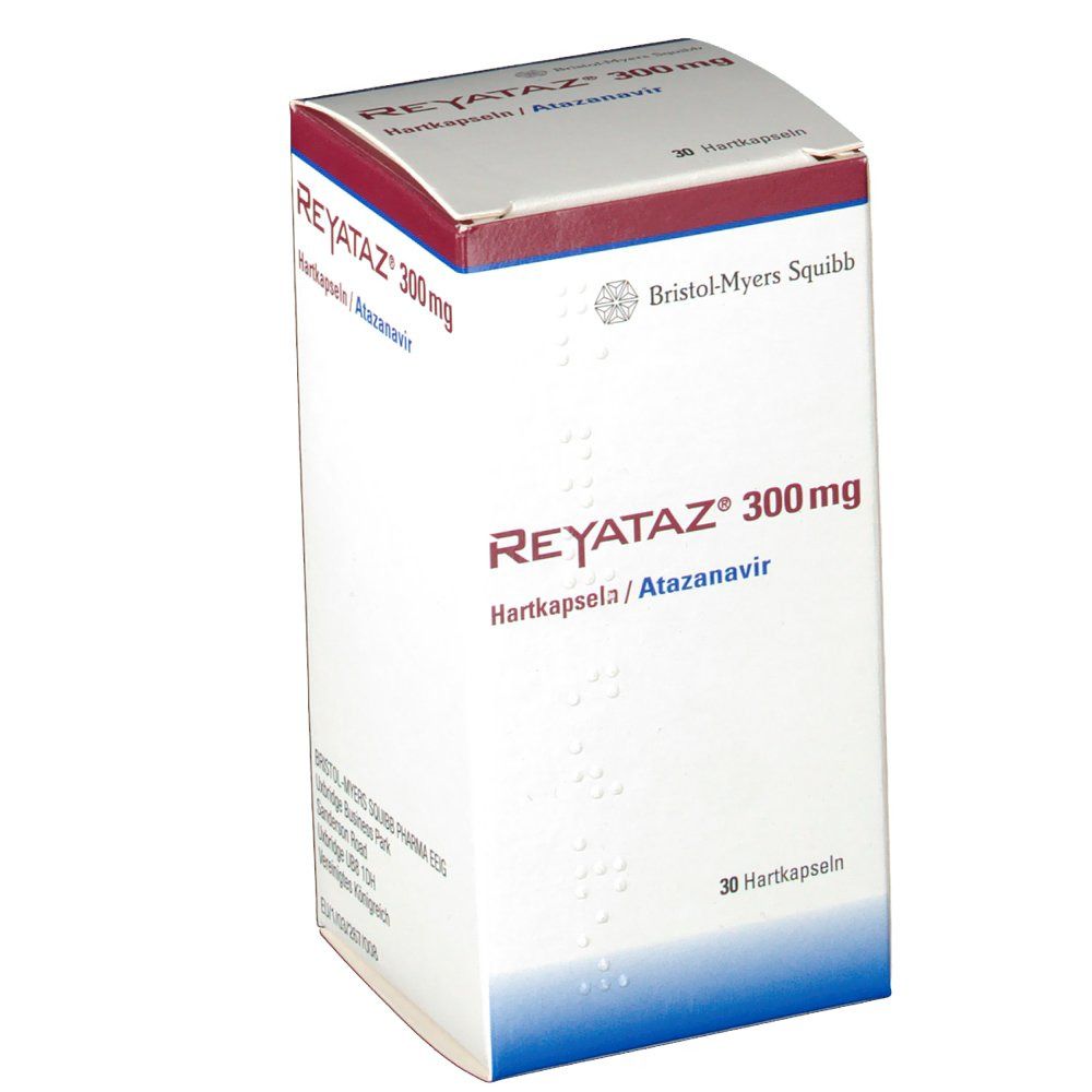 Schachtel mit Reyataz 300 mg Hartkapseln. Aufschrift: Reyataz 300 mg, Hartkapseln/Atazanavir. Hersteller: Bristol-Myers Squibb. 30 Hartkapseln.
