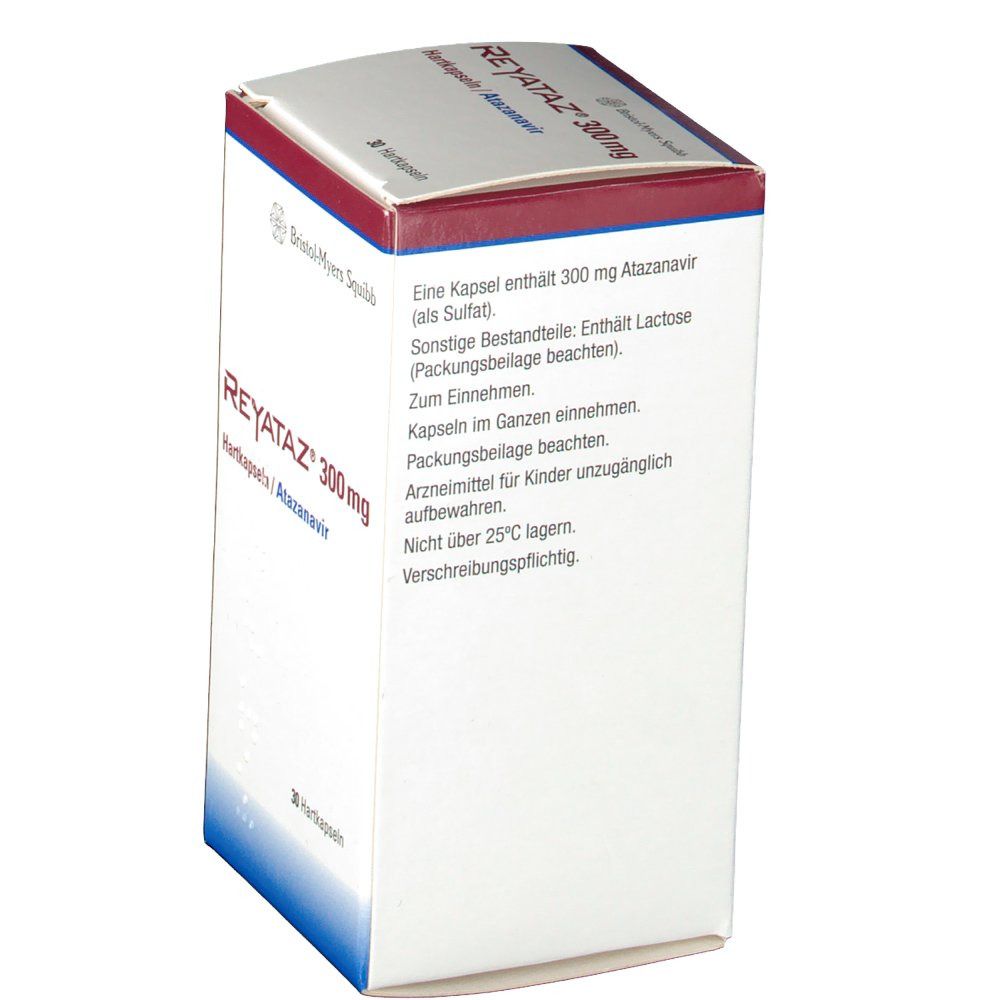 Schachtel von Reyataz 300 mg Hartkapseln. Aufschrift: Reyataz 300 mg, Hartkapseln/Atazanavir. Rückseite mit Informationen. Hersteller: Bristol-Myers Squibb. 30 Hartkapseln.