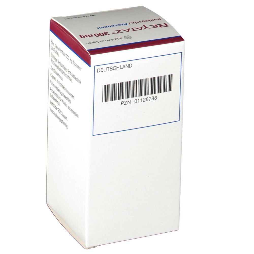 Schachtel von Reyataz 300 mg Hartkapseln. Aufschrift: Reyataz 300 mg, Hartkapseln/Atazanavir. Barcode und PZN-01128788. Hersteller: Bristol-Myers Squibb. 30 Hartkapseln.