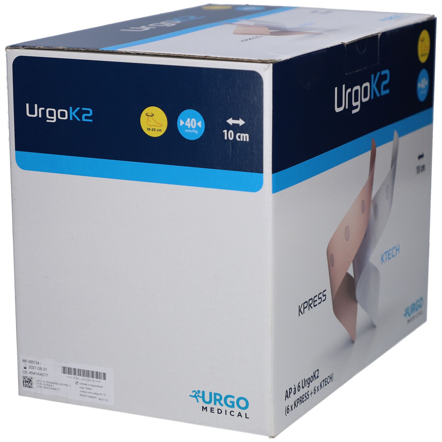 Karton mit URGOK2. Aufdrucke: KPRESS, KTECH, 10 cm, URGO MEDICAL. Produktverpackung.