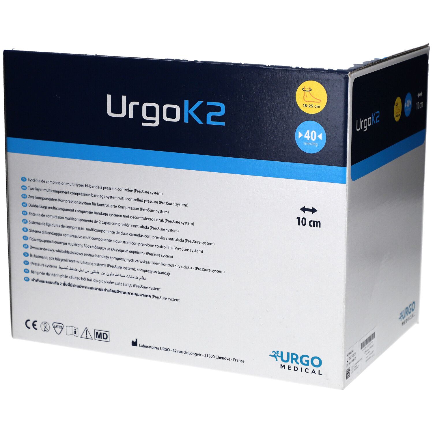 UrgoK2 Kompressionsbindensystem. Kartonverpackung mit mehrsprachigen Produktinformationen und CE-Kennzeichnung.