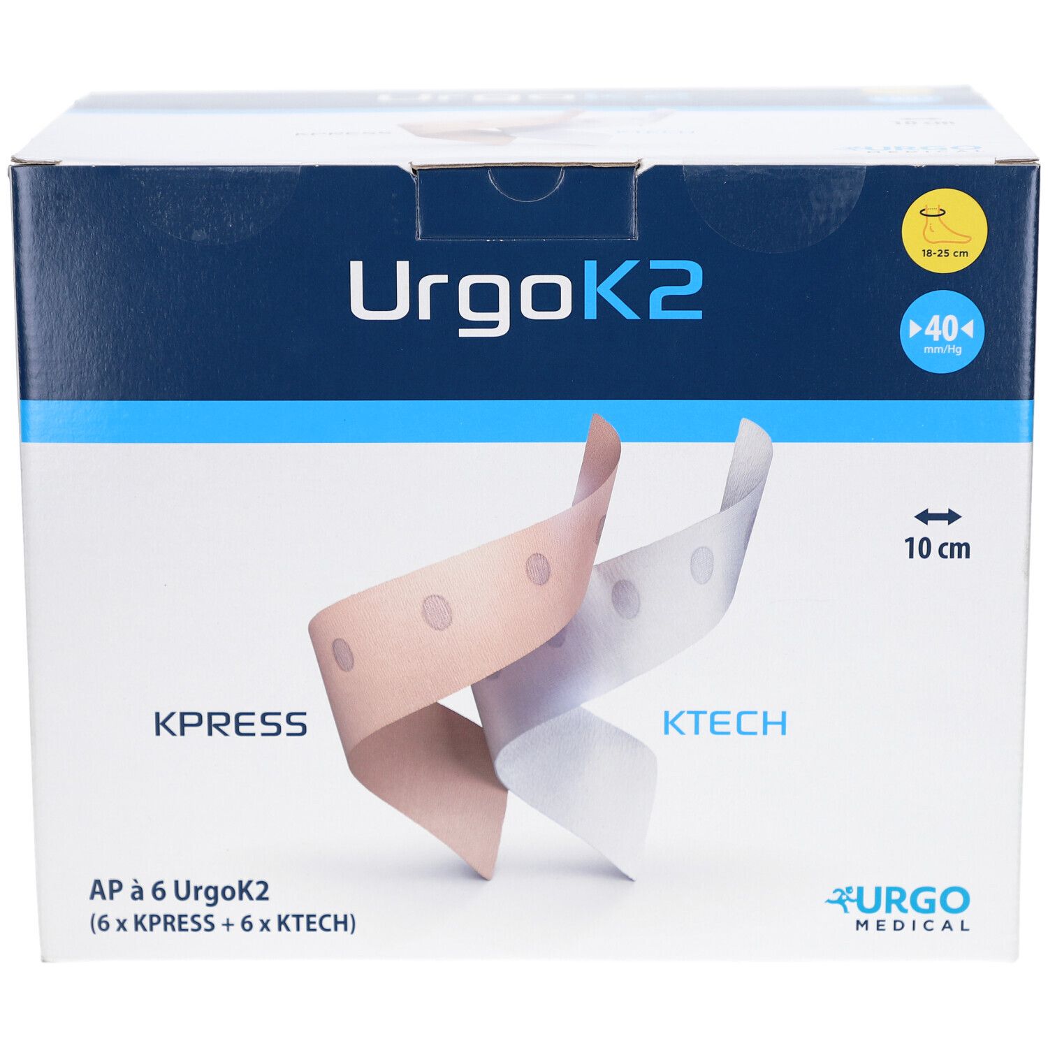 Karton mit URGOK2. Aufdrucke: KPRESS, KTECH, 10 cm, URGO MEDICAL. Gezeigt werden zwei Bandagen. Produktverpackung.