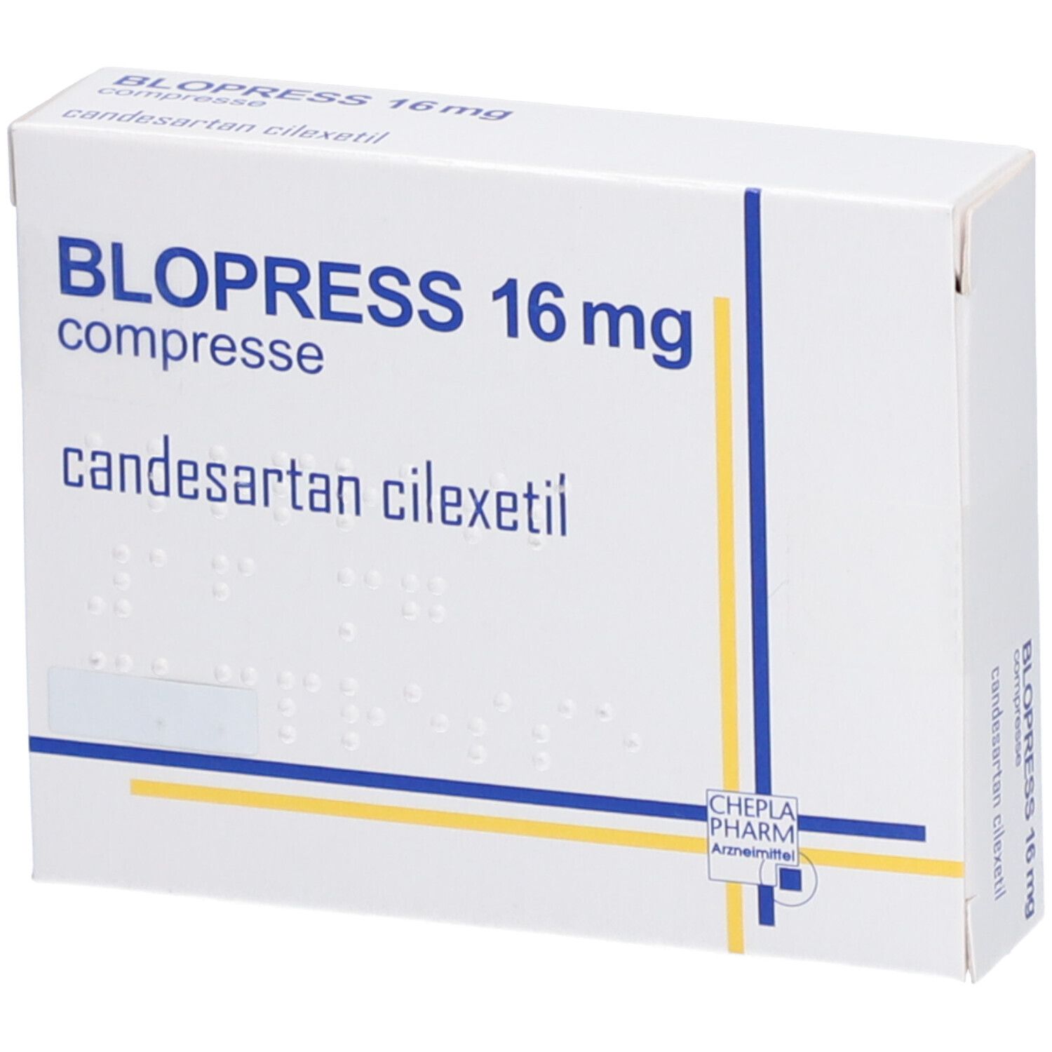 Blopress 16 mg Tablettenpackung. Aufschrift: Blopress 16 mg, Candesartan cilexetil. Weiße Schachtel mit blauen und gelben Linien.