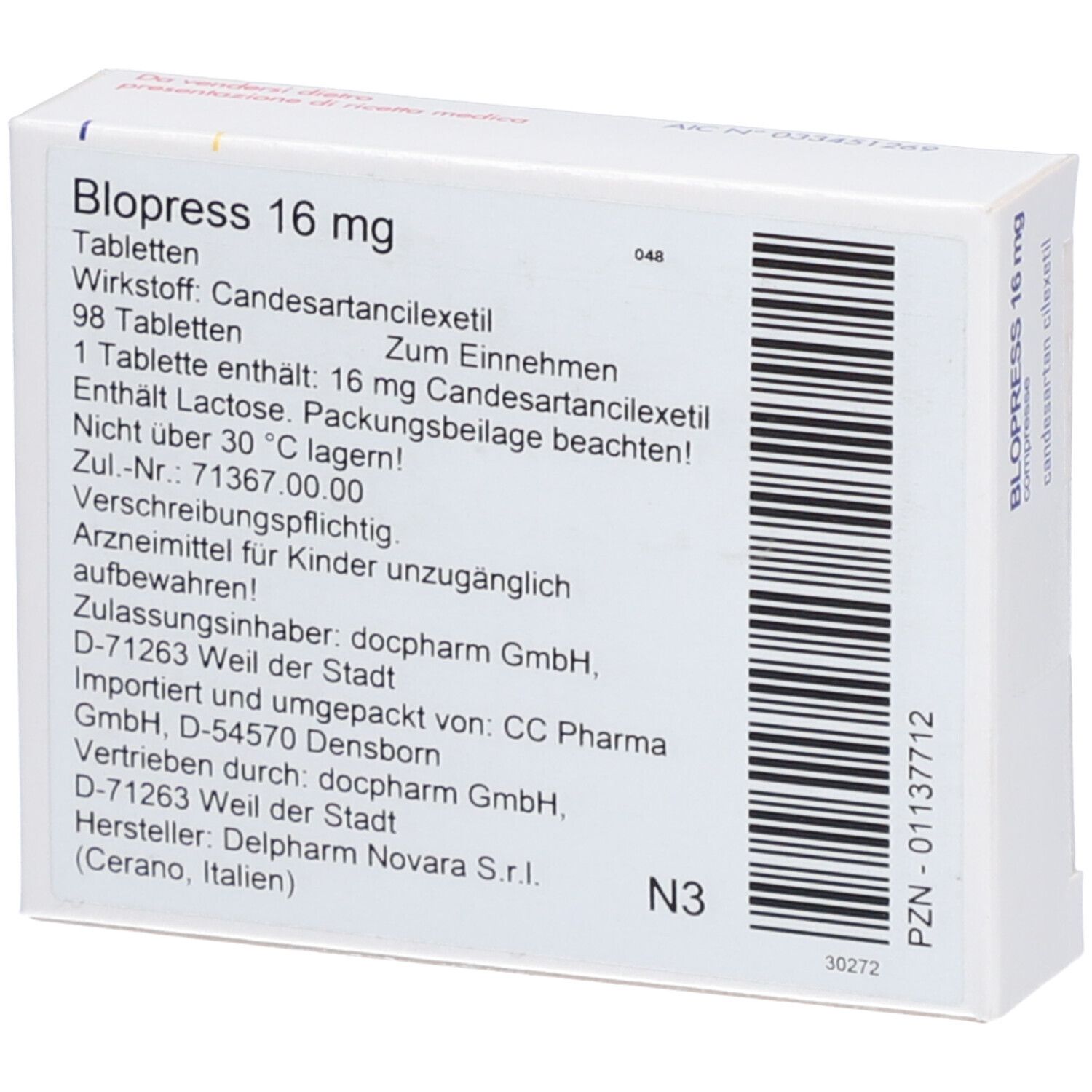 Rückseite der Blopress 16 mg Tablettenpackung. Enthält Informationen zu Inhaltsstoffen, Dosierung und Hersteller.
