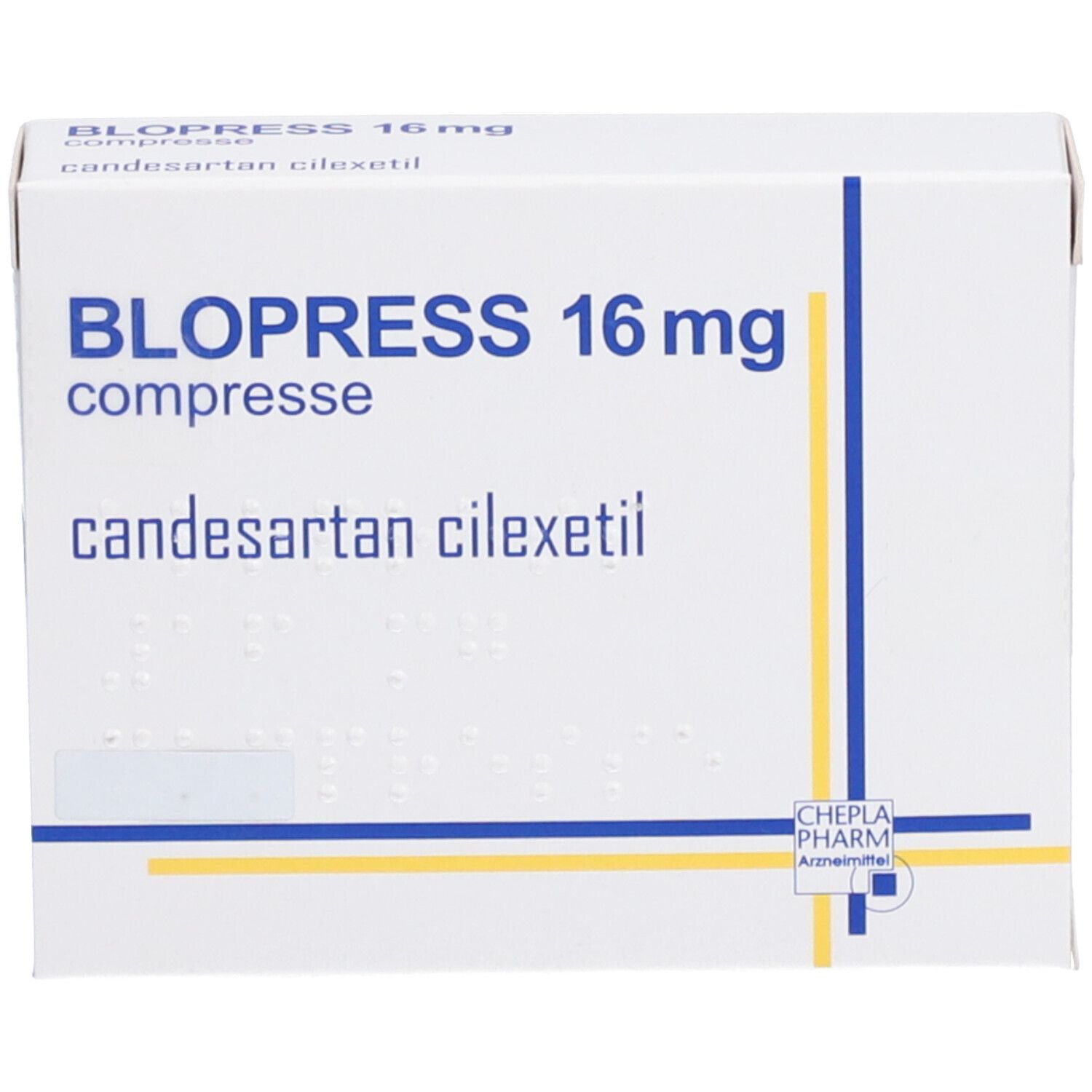 Blopress 16 mg Tablettenpackung. Aufschrift: Blopress 16 mg, Candesartan cilexetil. Weiße Schachtel mit blauen und gelben Linien.