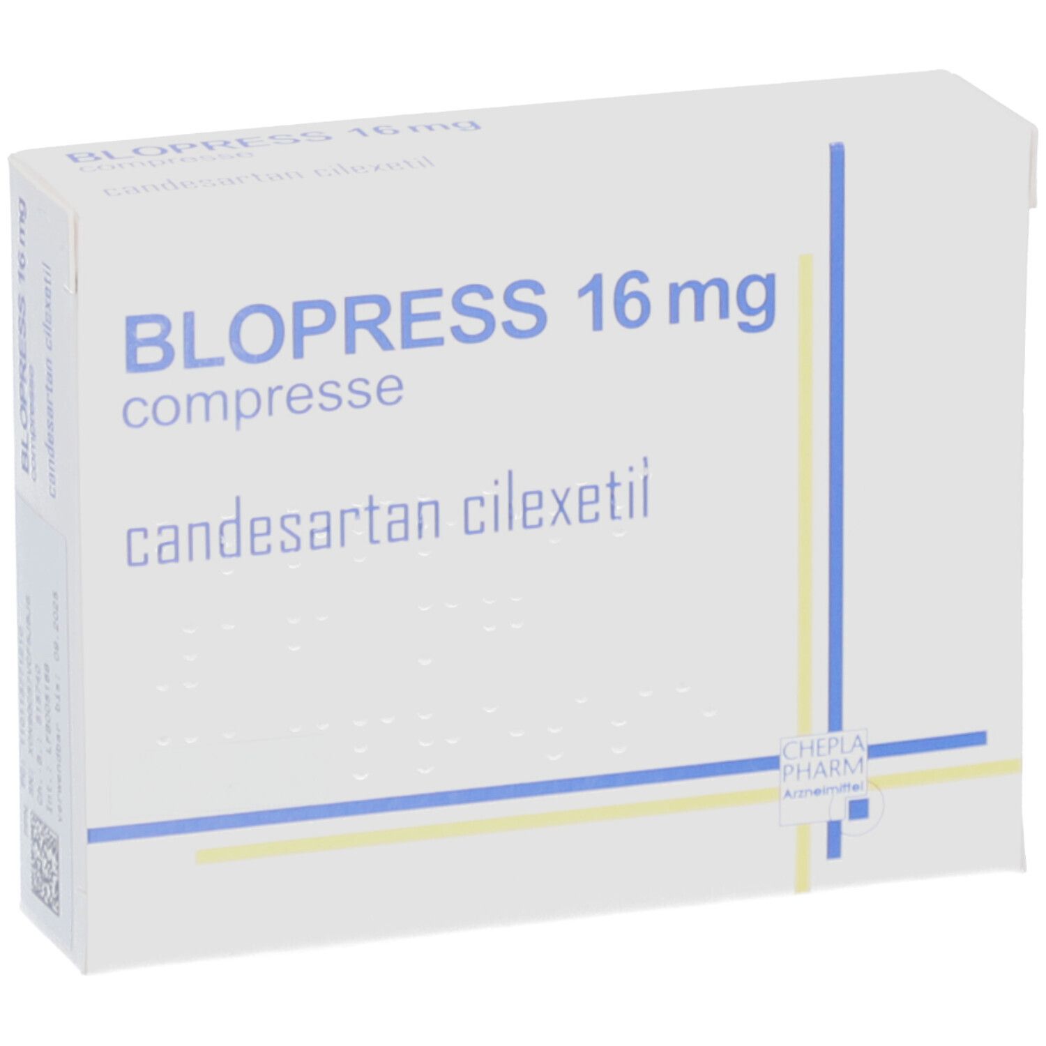 Blopress 16 mg Tablettenpackung. Aufschrift: Blopress 16 mg, Candesartan cilexetil. Weiße Schachtel mit blauen und gelben Linien.