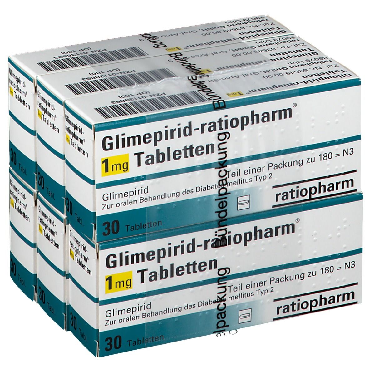 Mehrere Packungen Tabletten, beschriftet mit 'Glimepirid-ratiopharm 1 mg Tabletten'. Jede Packung enthält 30 Tabletten.