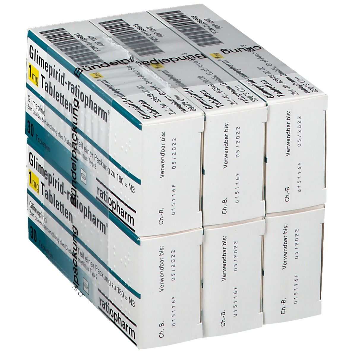 Mehrere Packungen Tabletten, beschriftet mit 'Glimepirid-ratiopharm 1 mg Tabletten'. Auf den Seiten sind Verfallsdaten angegeben.