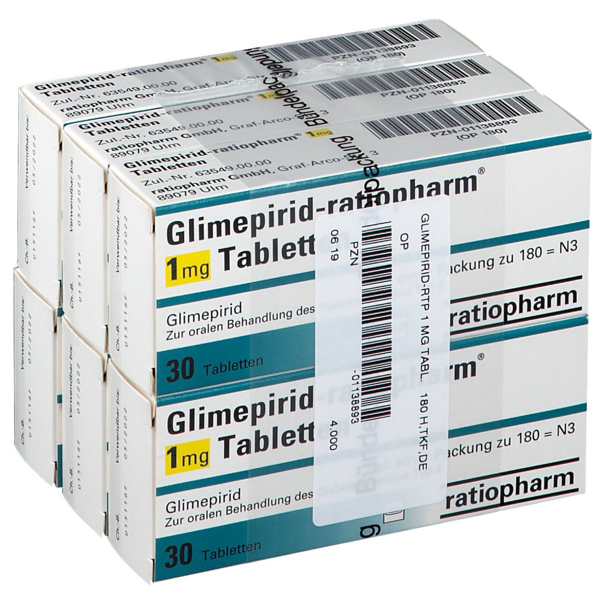 Mehrere Packungen Tabletten, beschriftet mit 'Glimepirid-ratiopharm 1 mg Tabletten'. Aufdrucke mit Chargennummer und Verfallsdatum.