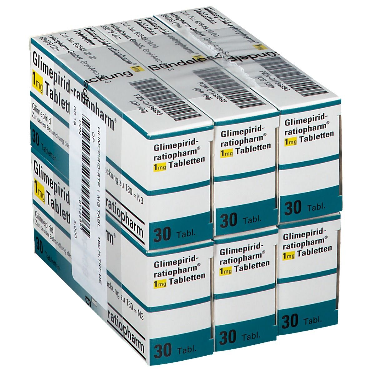 Mehrere Packungen Tabletten, beschriftet mit 'Glimepirid-ratiopharm 1 mg Tabletten'. Jede Packung enthält 30 Tabletten.