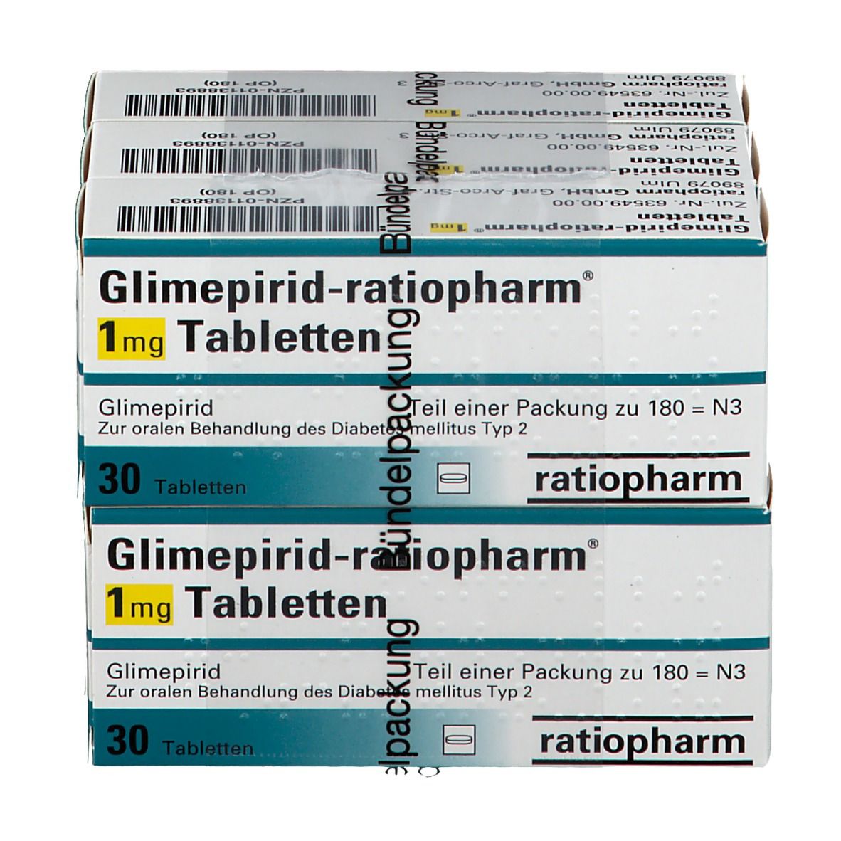 Mehrere Packungen Tabletten, beschriftet mit 'Glimepirid-ratiopharm 1 mg Tabletten'. Jede Packung enthält 30 Tabletten.