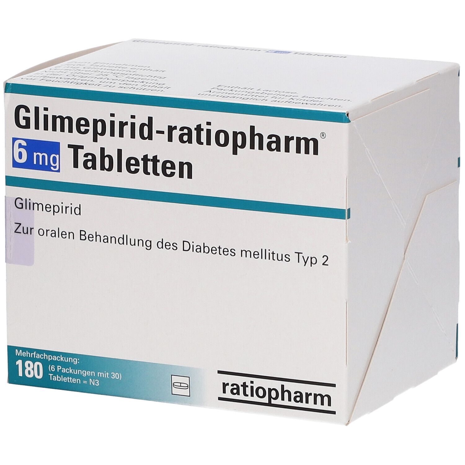 Packung Glimepirid-ratiopharm® 6 mg Tabletten, 180 Stück.