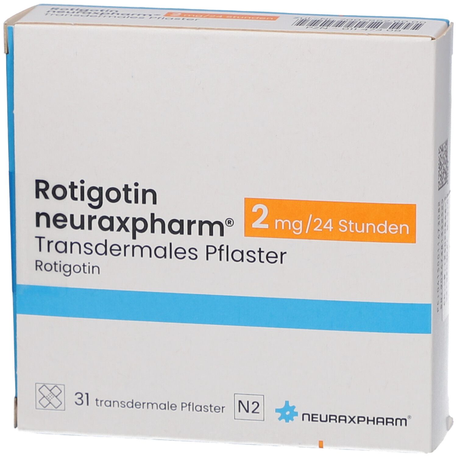 Schachtel mit Produktinformationen. Aufschrift: Rotigotin neuraxpharm 2 mg/24 Stunden, transdermales Pflaster. 31 Pflaster.